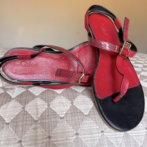 Chloe Brick Red Snakeskin Print Gold Buckle T Strap Sandals EU 37.5 US 7 - 7.5 - Picture 14 of 16